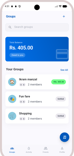 Splite app showing groups screen